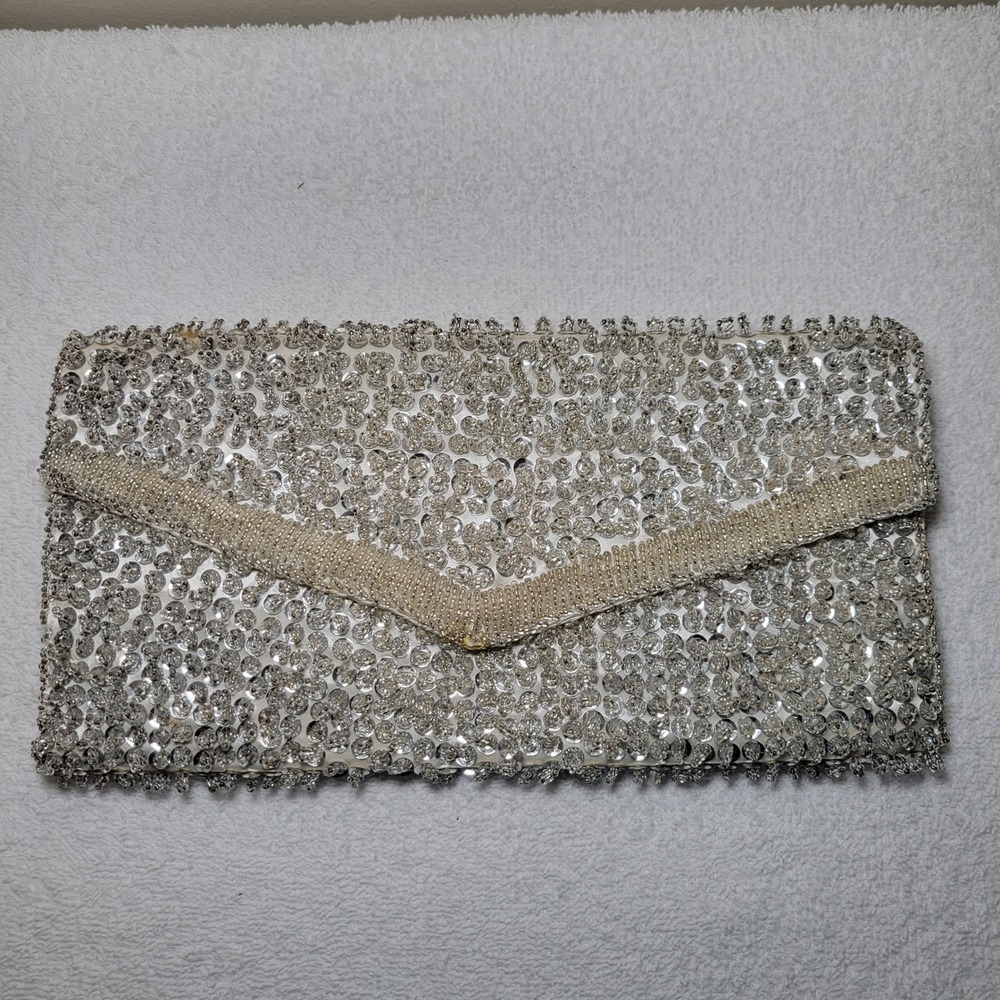 Richere Vintage Beaded Sequin Envelope Clutch Bag Silver Cream Made in Hong Kong